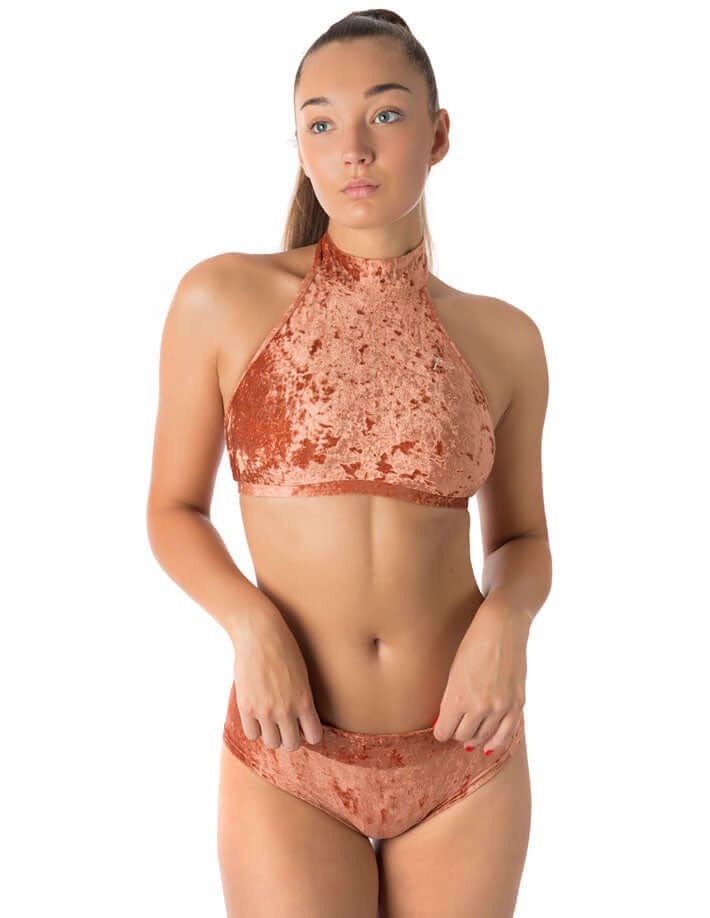 Velvet halter top Lisette | Sports bra | Color: bronze velvet | Women's sports bra | Dragonfly Pole Dance Clothes and Bikram Hot Yoga Outfit