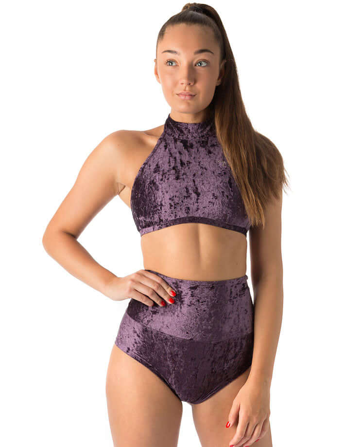 Velvet halter top Lisette | Sports bra | Color: purple velvet | Women's sports bra | Dragonfly Pole Dance Clothes and Bikram Hot Yoga Outfit