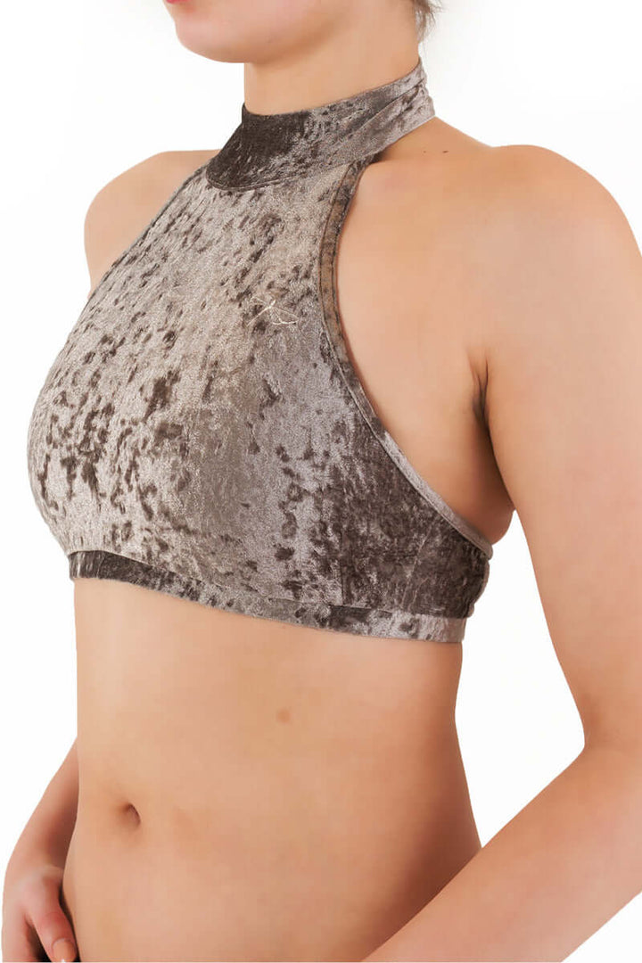 Velvet halter top Lisette | Sports bra | Color: purple velvet | Women's sports bra | Dragonfly Pole Dance Clothes and Bikram Hot Yoga Outfit