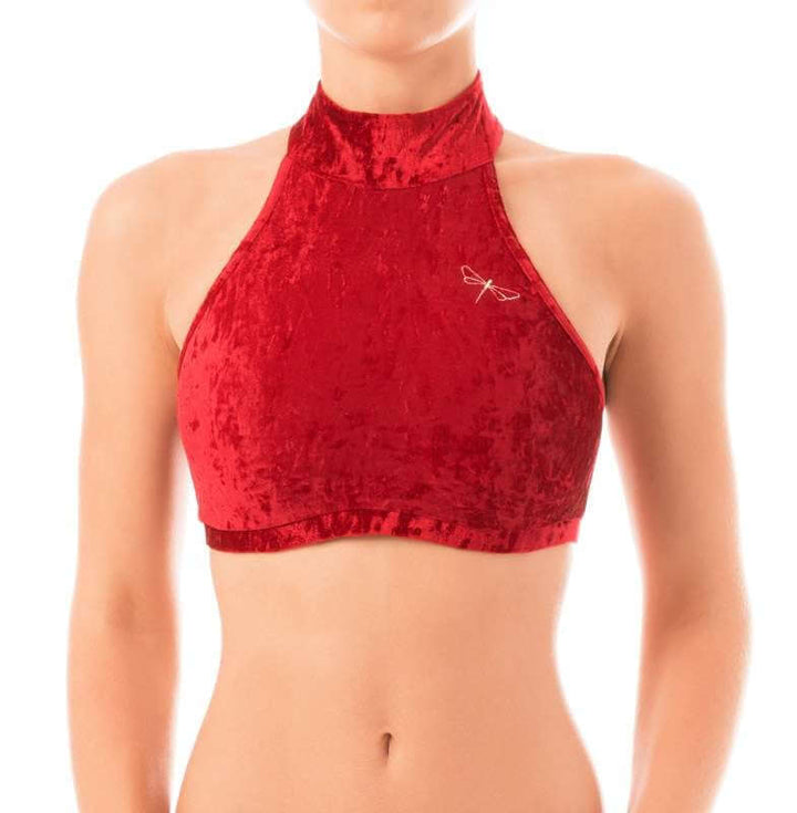 Velvet halter top Lisette | Sports bra | Color: red velvet | Women's sports bra | Dragonfly Pole Dance Clothes and Bikram Hot Yoga Outfit