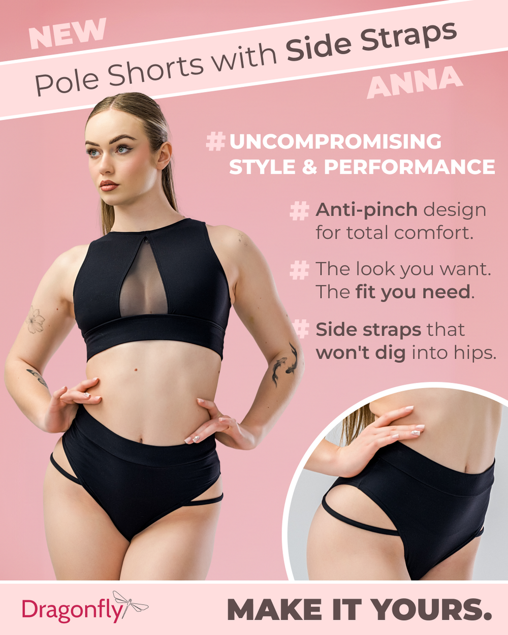 Pole Shorts with Side Straps - Anna by Dragonfly featuring side straps for comfort and performance.