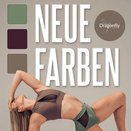 Neue Dragonfly-Farben: Sage, Plum und Cocoa, mit einem Model in braunem Mesh-Top und grünen Pole-Shorts