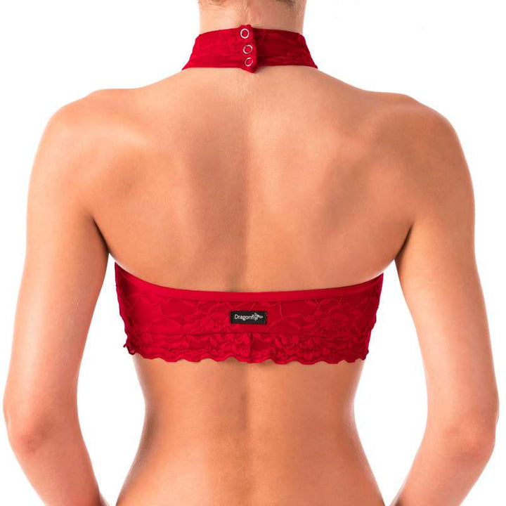 Halter neck sports bra with lace - Lisette | Sports bra | Color: red lace | Women's sports bra | Dragonfly Pole Dance Clothes and Bikram Hot Yoga Outfit