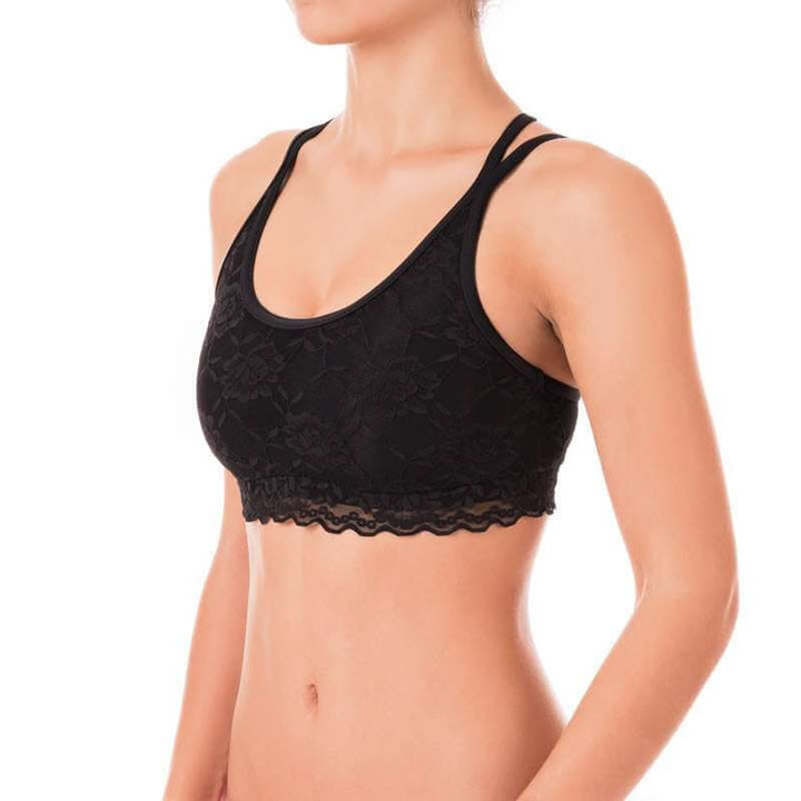 Sport-BH mit Spitze, schwarzer Sport-BH mit Spitzenoberfläche und engen Riemen, ideal für Pole Dance.