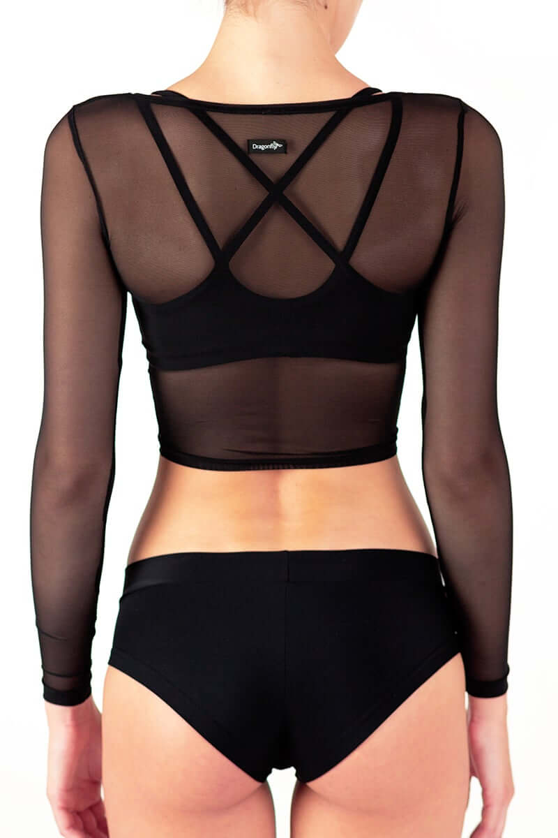 Crop top de sport en mesh Pavi, dos en mesh transparent avec un design élégant, idéal pour le sport.