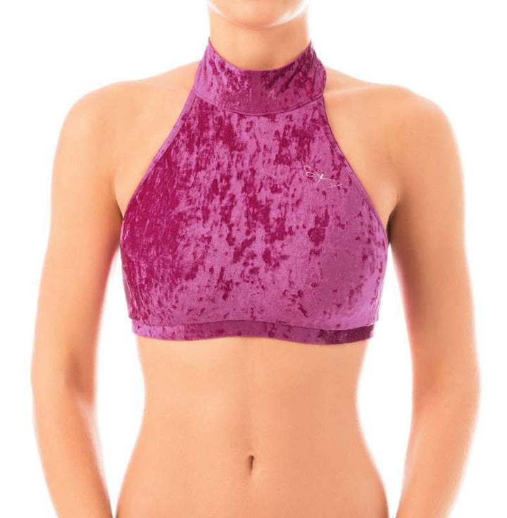 Velvet halter top Lisette | Brassière sport halter dos nu en velours | Color: purple velvet | Women's sports bra | Dragonfly Pole Dance Clothes and Bikram Hot Yoga Outfit